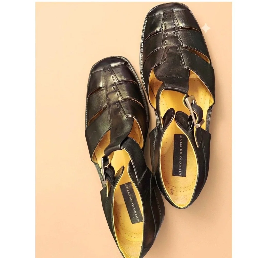 Giorgio Brutini Mens Black Leather Fisherman Sandals Square Toe Made in Brazil